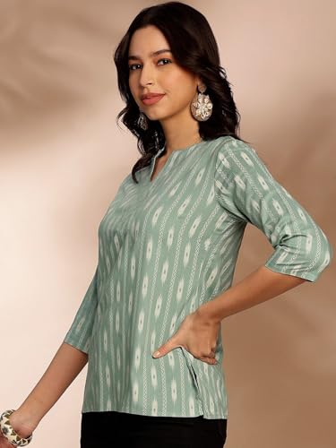 Pinkmint Womens Printed Cotton Blend Short Kurti with 3/4th Sleeve & Notch Neck l Casual & Office Wear Tunic Shirt Kurti