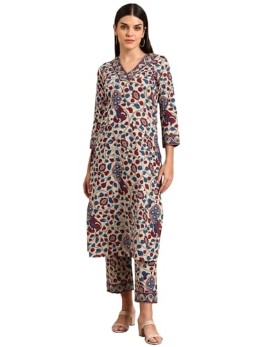 ANNI DESIGNER Womens Rayon Blend Straight Printed Kurta with Pant (Nakari Cream_M_Cream_Medium)