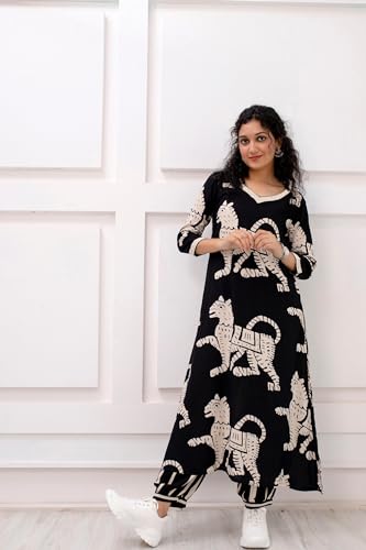 ANNI DESIGNER Womens Cotton Blend Printed Straight Kurta with Pant (Lanka Black_2306 Large)