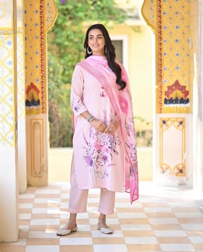 ANNI DESIGNER Womens Cotton Blend Printed Straight Kurta with Pant & Dupatta (Durjan Pink_XXL_Pink_XX-Large)