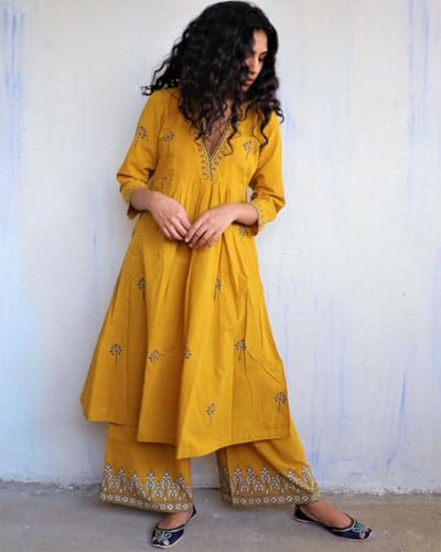 ANNI DESIGNER Womens Rayon Viscose Anarkali Printed Kurta with Palazzo (HANAYA Yellow_S_Yellow_Small)