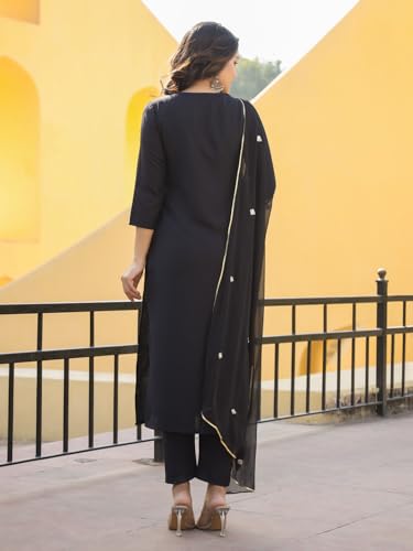 ANNI DESIGNER Womens Rayon Blend Embroidered Straight Kurta with Pant & Dupatta (Kasturi Black_XXL_Black_XX-Large)