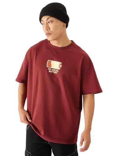 The Souled Store No Social Battery Drop Shoulder Short Sleeve Round Neck Maroon Graphic Printed Cotton Oversized Baggy T-Shirts 