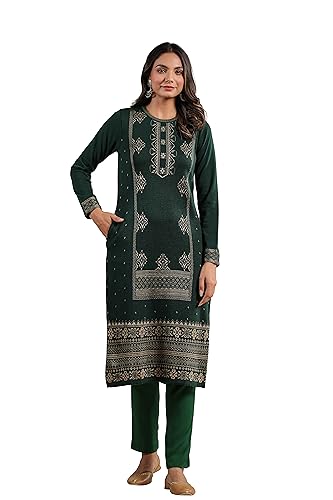 Ishin WomenS Green Jacquard Style Geometric Pattern Straight Winterwear Kurta