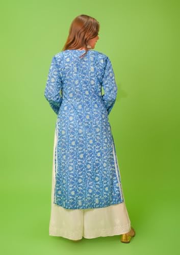 ANNI DESIGNER Womens Rayon Blend Straight Chikankari Embroidered Kurta (Nakusha Blue_XL_Blue_X-Large)
