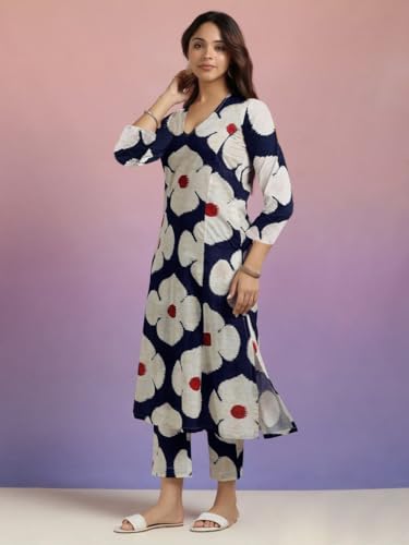 ANNI DESIGNER Womens Cotton Blend Straight Printed Kurta with Pant (Chunilal Blue_M_Blue_Medium)