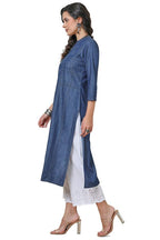 Soch Womens Indigo Cotton Blend Checked Mandarin Collar Kurta