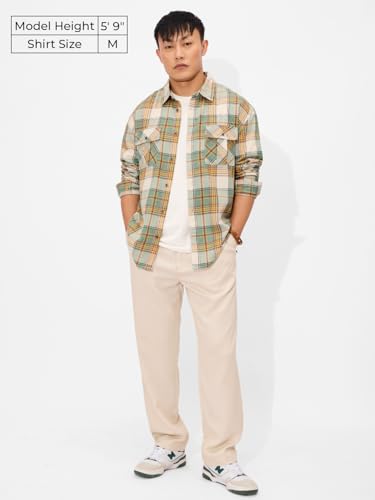 The Souled Store Plaid: Green, Beige Men And Boys Long Sleeves Collared Neck Button Front Regular Fit Cotton Utility Shirts