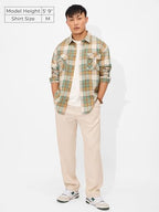 The Souled Store Plaid: Green, Beige Men And Boys Long Sleeves Collared Neck Button Front Regular Fit Cotton Utility Shirts