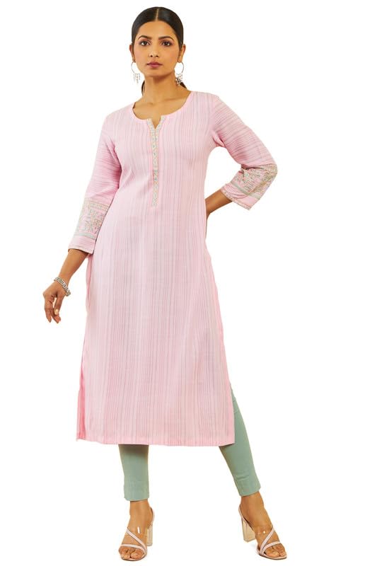 Soch Women Rayon Slub Striped Straight Kurta with Floral Embroidery