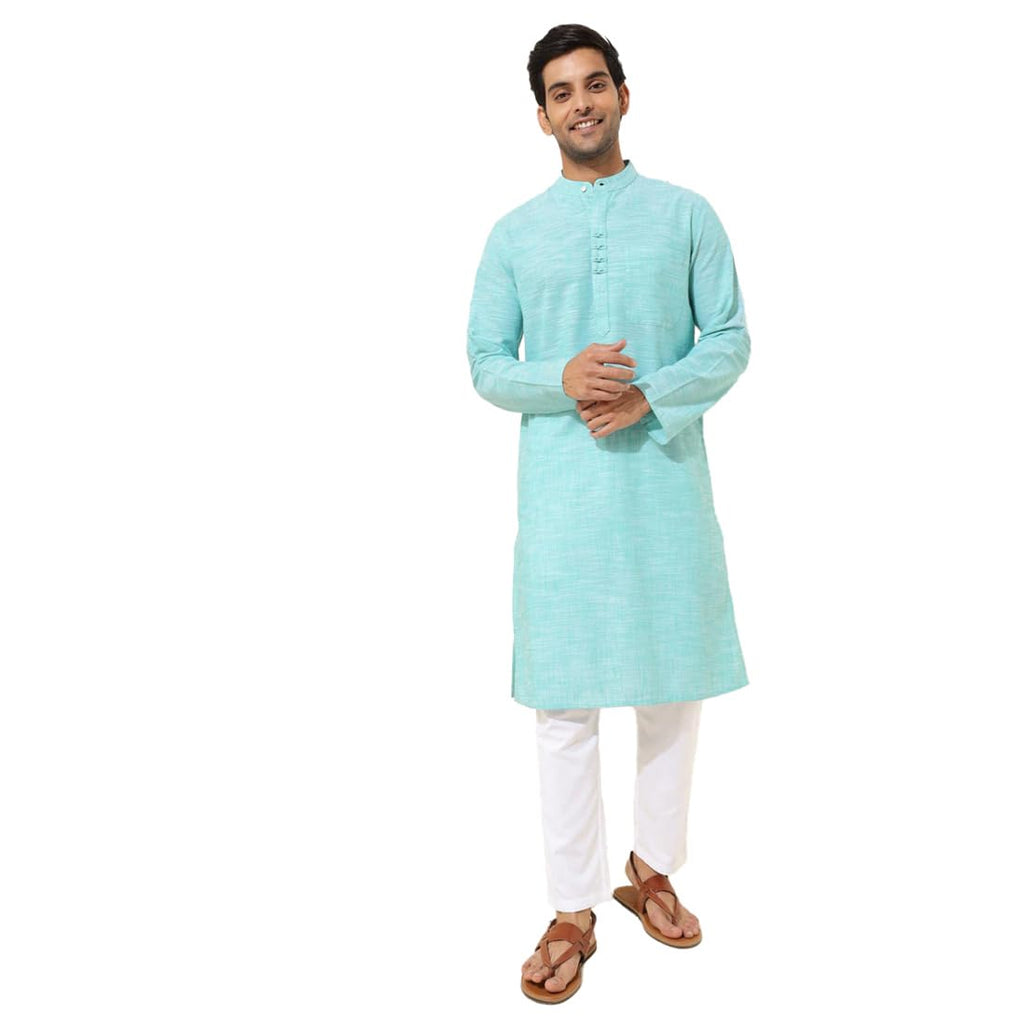 Fabindia MenS Cotton Woven Slim Long Kurta (1038412Teal_Teal