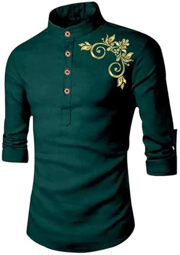 Deelmo MenS Cotton Blend Mandarin Collar Regular Fit Full Sleeve Short Kurta Shirt, X-Large, Dark Green