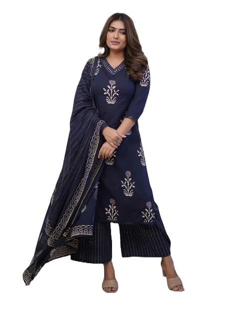 Nermosa Women Printed Straight Kurta And Pant Set With Dupatta | Suit | (In, Alpha, L, Blue)
