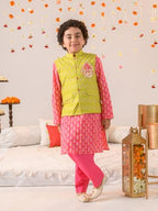 Pspeaches Boys Ethnic Motifs Printed Pure Cotton Kurta With Pyjamas And Nehru Jacket