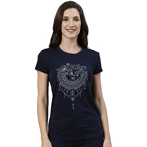Enamor Essentials Womens Short Sleeve Crew Neck Slim Fit Breathable Stretch Cotton Tee With Graphic - E147(E147-Navy/Mandala Gr