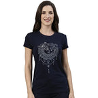 Enamor Essentials Womens Short Sleeve Crew Neck Slim Fit Breathable Stretch Cotton Tee With Graphic - E147(E147-Navy/Mandala Gr