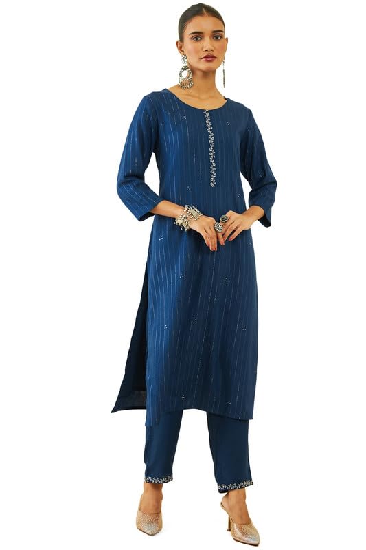 Soch Women Rayon Mukaish Work Round-Neck Straight Kurta Sets with Pocket