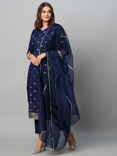 ANNI DESIGNER Womens Cotton Blend Straight Printed Kurta with Pant & Dupatta (Thakor Blue_XXL_Blue_XX-Large)