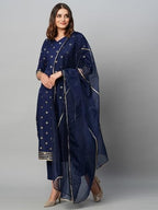 ANNI DESIGNER Womens Cotton Blend Straight Printed Kurta with Pant & Dupatta (Thakor Blue_XXL_Blue_XX-Large)