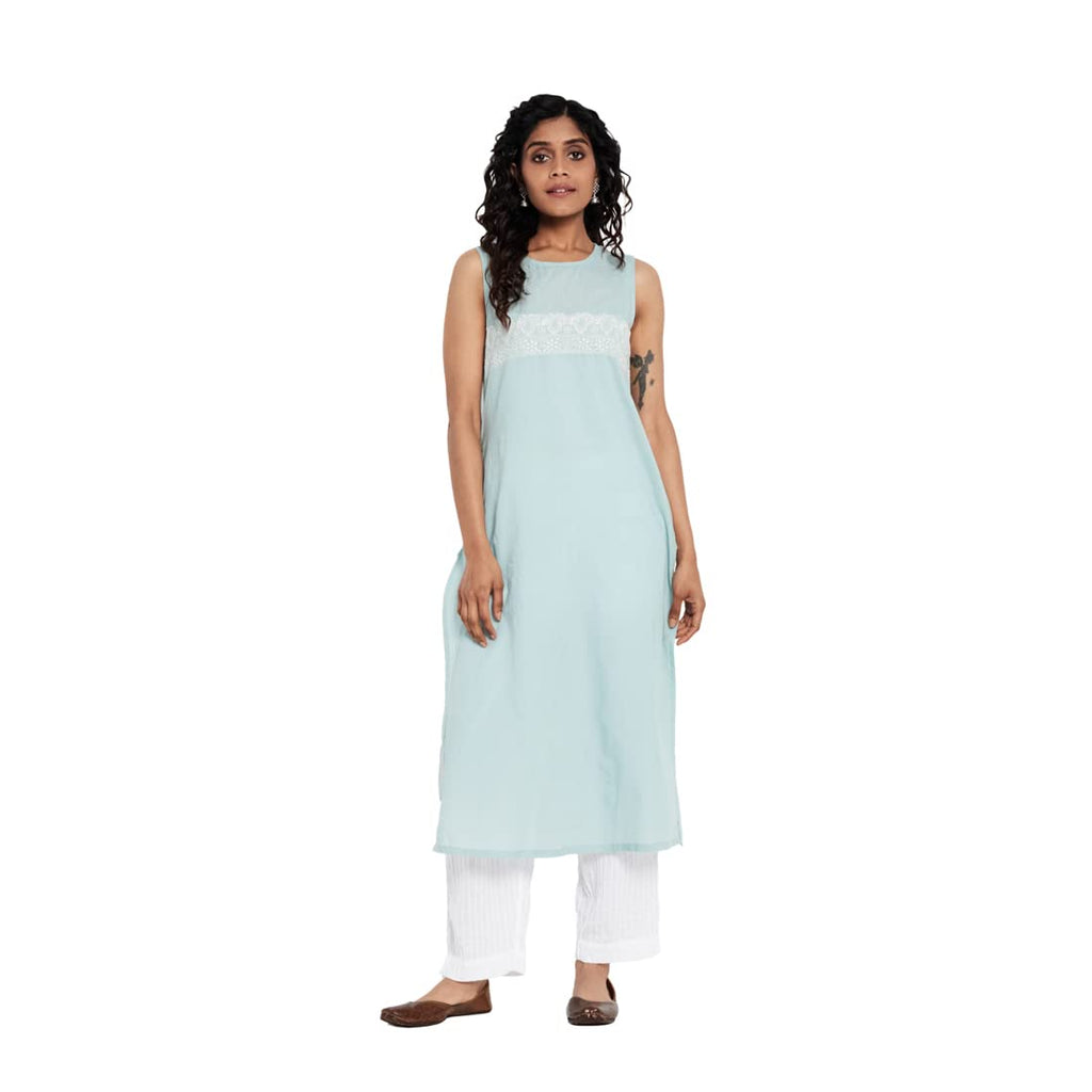 Fabindia Women Slub Chikankari Slim Fit Long Kurta Cotton_Xl Turquoise Blue