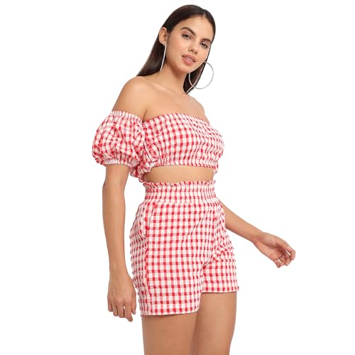Campus Sutra Women'S Red Gingham Co-Ord Set For Casual Wear | Short Sleeve | Polyester Fabric | Off-Shoulder Clothing Set Crafte