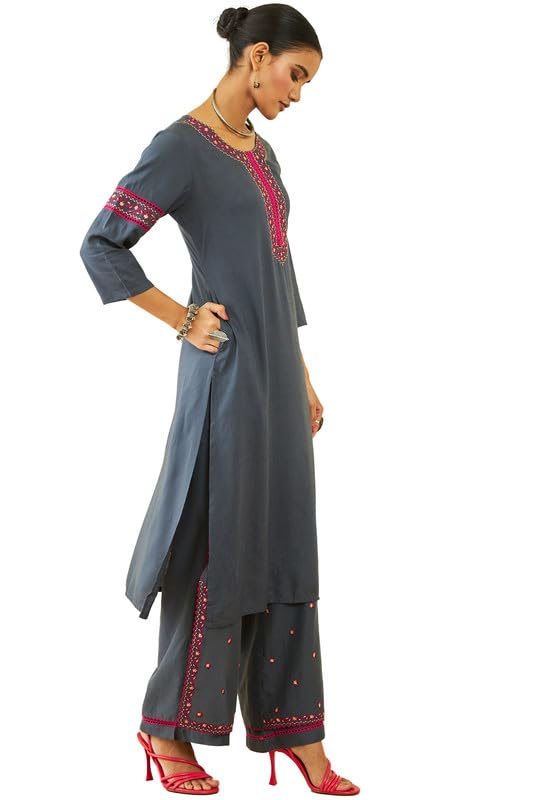 Soch Womens Grey Rayon Slub Embroidered Round-Neck Kurta Sets With Layered Palazzo