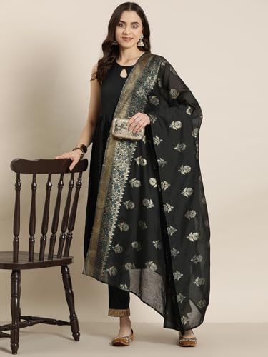 Ziyaa Women Black Color Crepe Flared Dyed Kurta, Pant And Dupatta Set