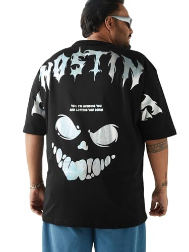 Bewakoof Mens Graphic Print Oversized Fit Half Sleeve Round Neck Cotton Jersey Plus Size T-Shirt_637368_Black_6XL