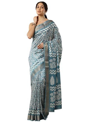 Blue Batik Printed Silk Blend Saree With Unstitched Blouse Piece