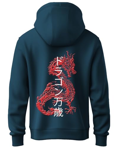 ADRO Mens Hoodies with Hail The Dragon Puff Backside Printed, 100% Cotton 340GSM. (H23-M-DRA-SB_Teal_XL)