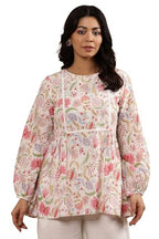 W Ecru Floral Printed Cotton Top And Pant For Women