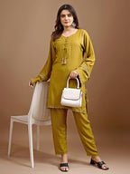 Womanista Women'S Mustard Colour Rayon Lace Work Tunic With Trouser Cord Set(Co-Ords_9092)