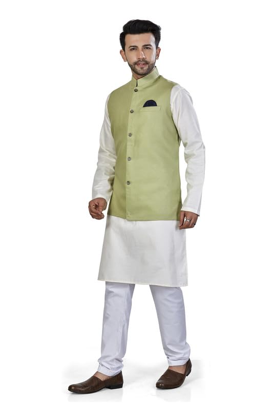 Be Active MenS Solid Linen Blend Kurta Pyjama 3 Piece Set || Men Kurta Pajama With Modi Jacket || Kurta Pajama Nehru Jacket For