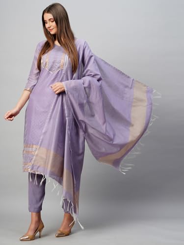 ANNI DESIGNER Womens Cotton Blend Printed Straight Kurta with Pant & Dupatta (Date-Purple_L_Purple_Large)