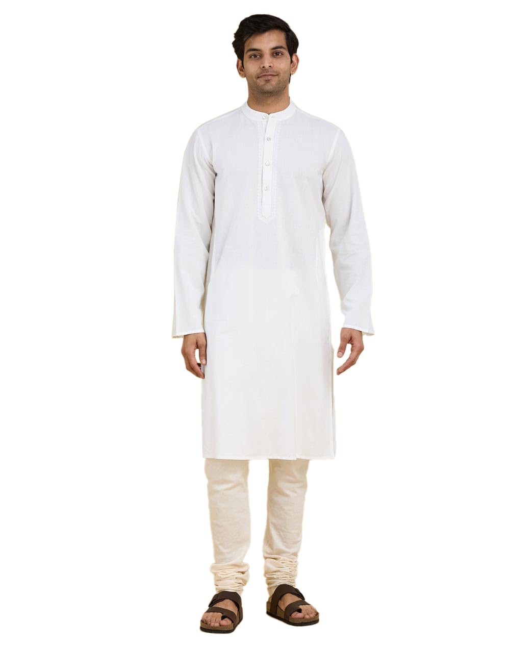 Fabindia Mens White Cotton Woven Slim Fit Long Kurta