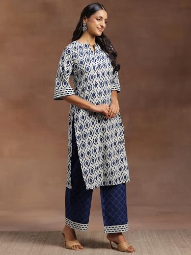 Libas Blue Printed Cotton Straight Kurta With Palazzos & Dupatta