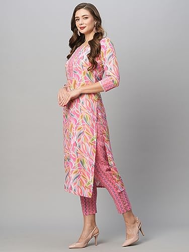 ANNI DESIGNER Womens Cotton Blend Straight Printed Kurta with Pant Set (Pahal Pink_XXL_Pink_XX-Large)