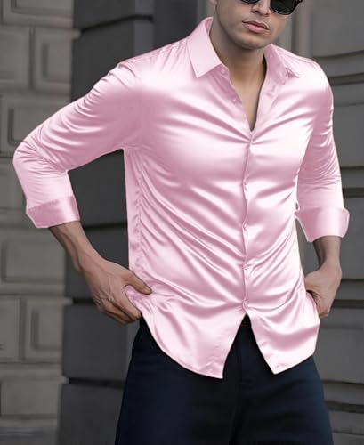 Indoprimo MenS Casual Button Down Long Sleeve Satin Plain Shirt Babypink