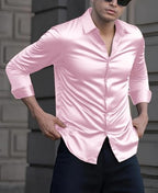 Indoprimo MenS Casual Button Down Long Sleeve Satin Plain Shirt Babypink