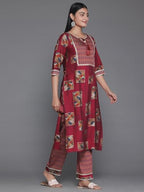 Libas Maroon Printed Silk Blend Straight Kurta With Palazzos & Dupatta