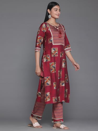 Libas Maroon Printed Silk Blend Straight Kurta With Palazzos & Dupatta