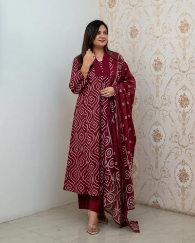ANNI DESIGNER Womens Rayon Viscose Anarkali Printed Kurta with Pant & Dupatta (VANGALA Maroon_XXL_Maroon_XX-Large)