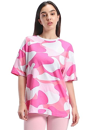 Bewakoof Womens All Over Printed 100% Cotton T-Shirt - Oversized Fit, Round Neck, Half Sleeves_580371_White_M
