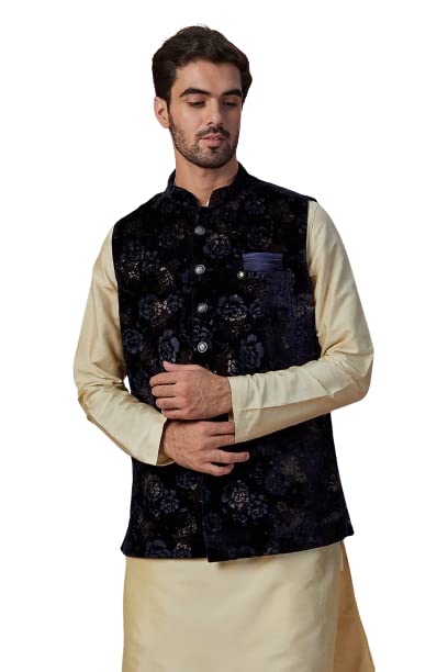 Manyavar Mens Jacket, Nehru Jacket for Men, Ethnic Jacket for Wedding, Party, Sleevless Jacket Velvet (Blue, XL)