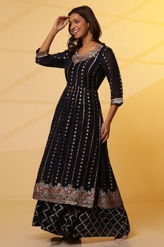 Aurelia Women Blue Floral Print Viscose Kurta Set With Palazzos & Dupatta