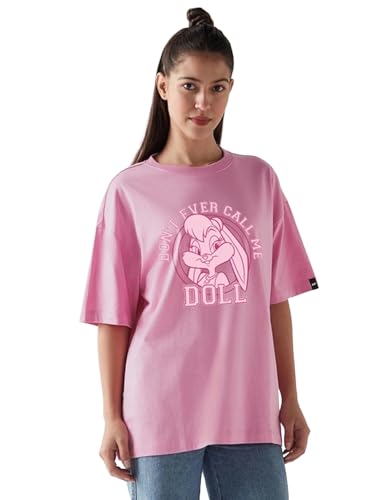 Bewakoof Lola Bunny Women Graphic Print Oversized Fit Half Sleeve Round Neck Cotton Jersey T-Shirt_659691_Pink_S