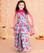 Naixa Girls Pink Rayon V Neck Sleeveless Floral Printed Flared-Fit Kurta And Sharara With Dupatta Set | Lasted Designer Printed