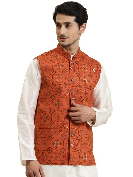 Sojana (Since 1958) Mens Cotton Linen Orange & Multi Printed ONLY Nehru Jacket