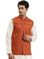 Sojana (Since 1958) Mens Cotton Linen Orange & Multi Printed ONLY Nehru Jacket