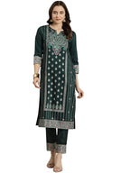 Ziyaa Women'S Art Silk Green Color Chinon Straight Foil Printed Kurta And Pant Set (Hnkuch4028Andpa